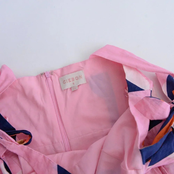 Ciebon Roma Pink & Navy Abstract Splash Apron Ruffle Cotton Midi Dress S - Picture 13 of 13